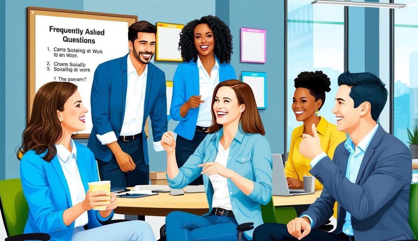 Group of diverse colleagues smiling and discussing in an office setting