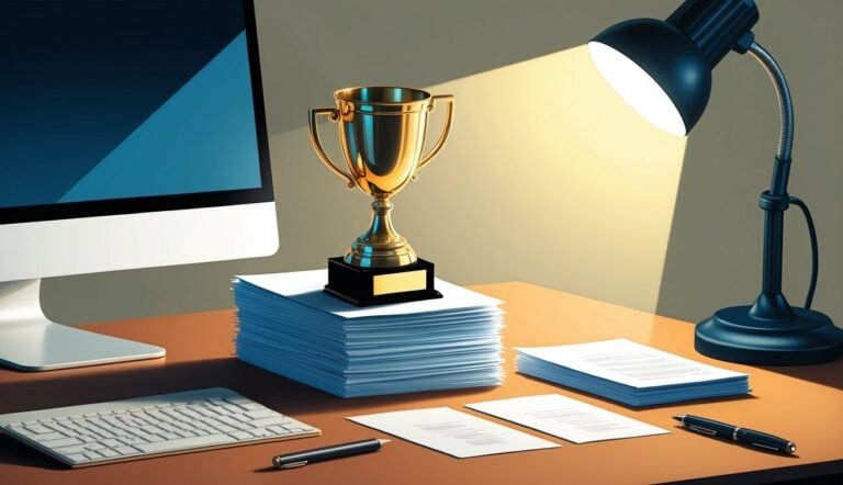 Golden trophy on a stack of papers, desk with computer and lamp
