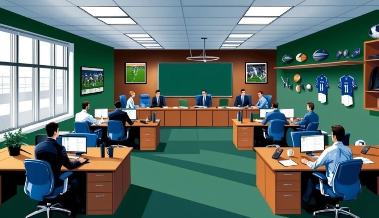 Office with people working at desks, a conference table, and sports memorabilia