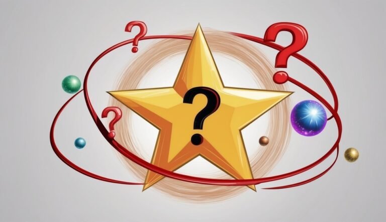 Golden star with a question mark, red lines, and colorful spheres