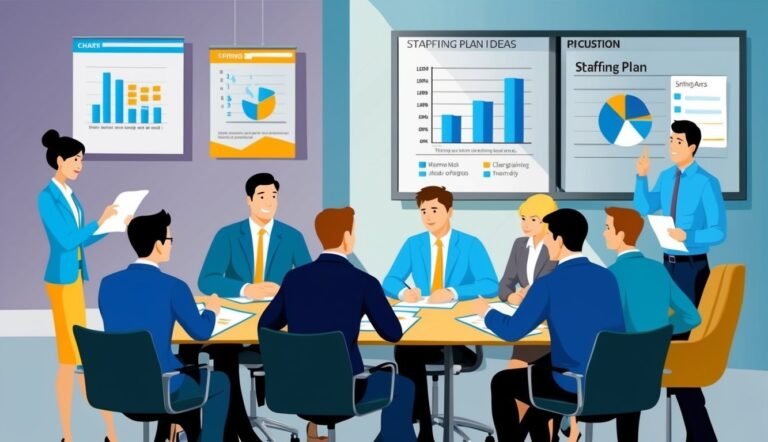 Business meeting with charts and graphs, people in suits, discussing staffing plans