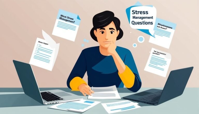 Person surrounded by papers and laptops, pondering stress management questions