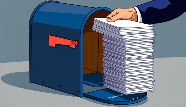 A hand putting a large stack of papers into a blue mailbox
