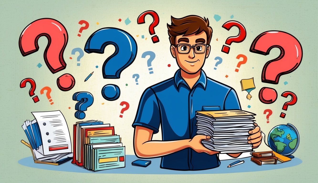 Man surrounded by question marks, holding a stack of papers, with books and globe