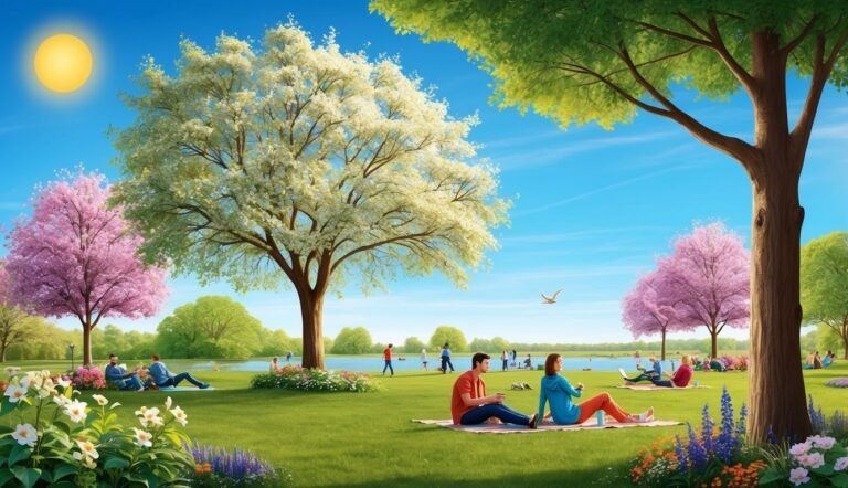 People relaxing on a sunny day in a park with colorful trees