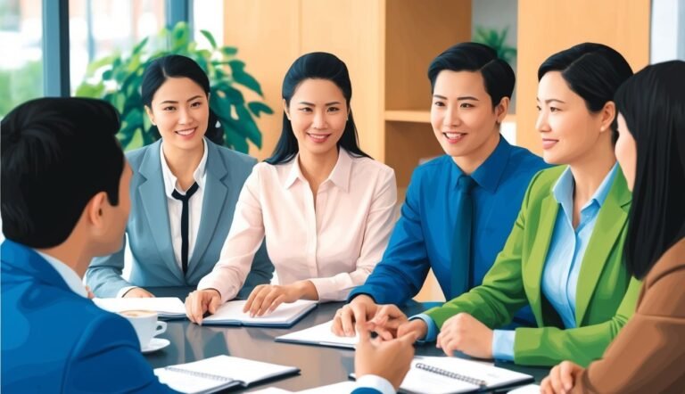 Business team of six people smiling, sitting around a table
