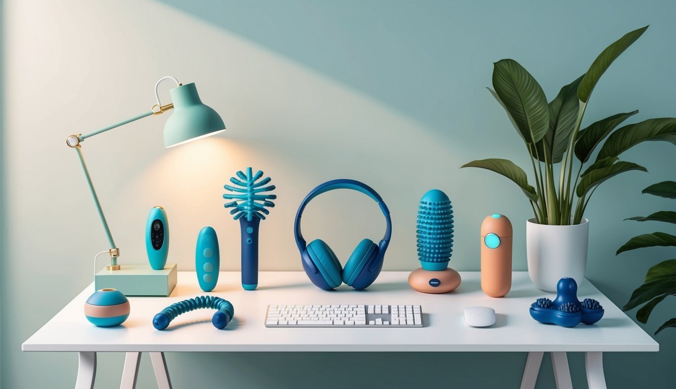Desk with various blue and orange gadgets, headphones, and a plant