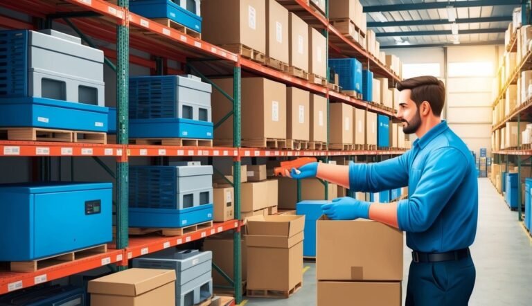 Warehouse worker handling boxes, surrounded by shelves of packages and equipment
