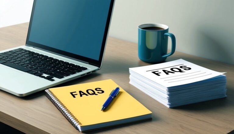 Laptop, FAQs notebook, and stack of papers with a coffee mug on a desk