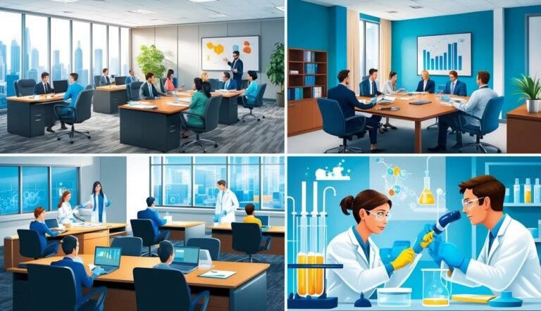 Four images of office meetings and lab work with scientists