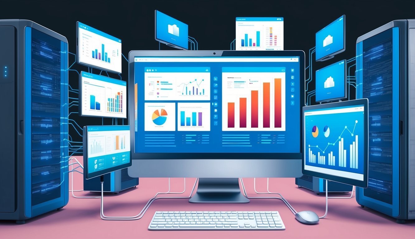 Computer server room with multiple monitors displaying data charts
