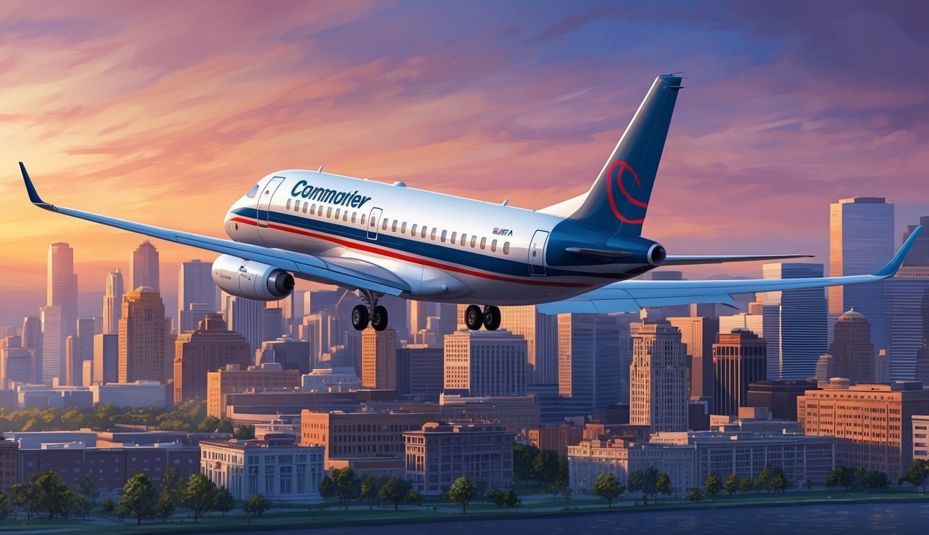 Commuter airplane flying over a city skyline at sunset