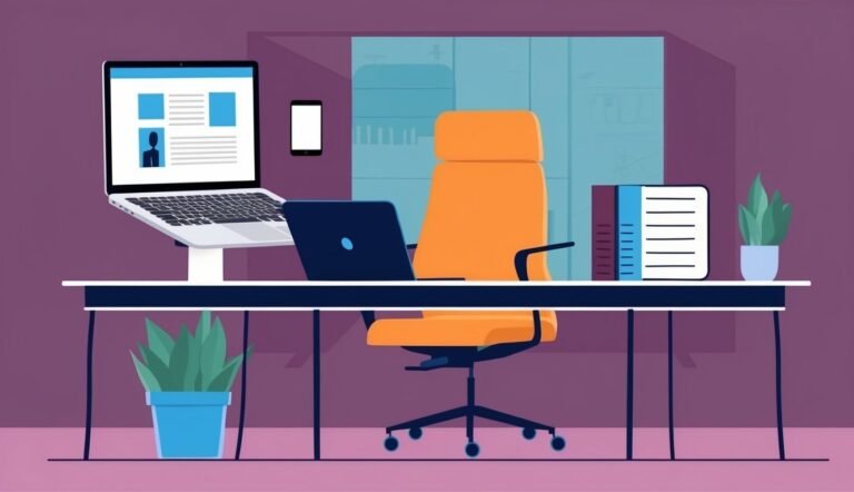 Cartoon illustration of an office desk with laptop, chair, and plants