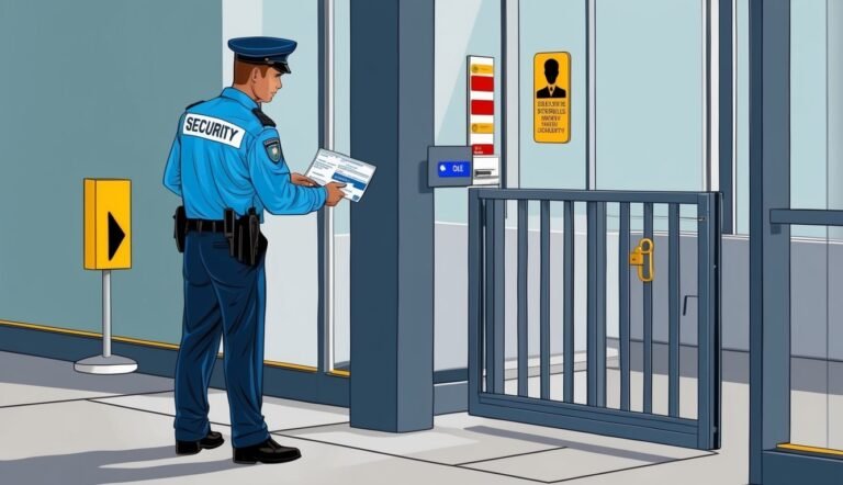 Security guard reviewing paperwork near a gate and security signs