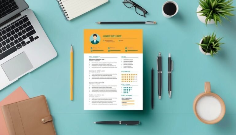 Resume on a desk with laptop, pens, plants, and coffee cup