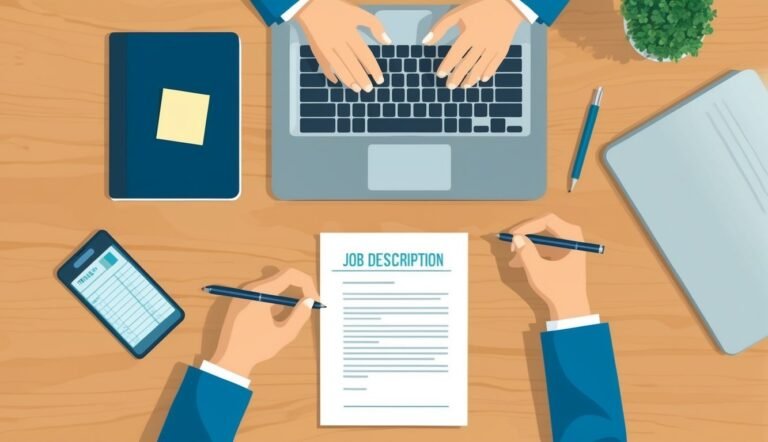 Hands working on a laptop, job description, and phone on a wooden desk