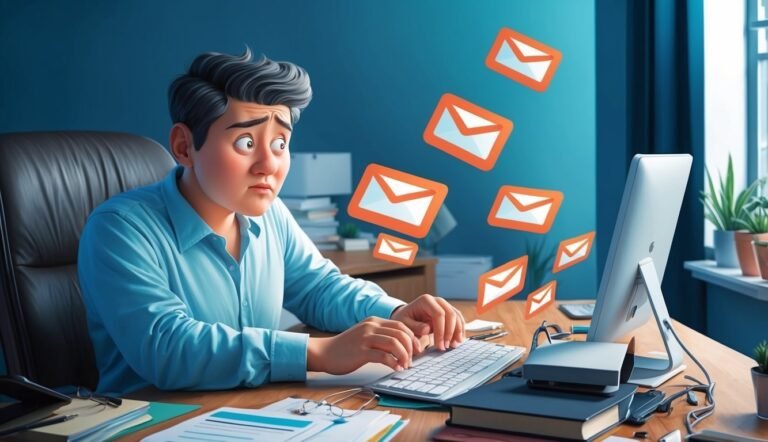 Man overwhelmed by emails at a computer, cartoon style