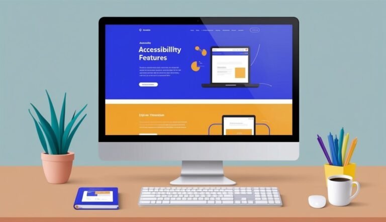 Computer monitor displaying a website about accessibility features, desk setup