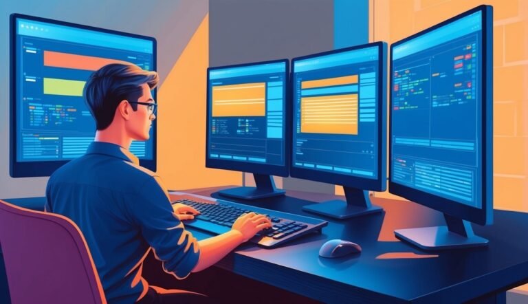 Man working on computer with multiple screens displaying code