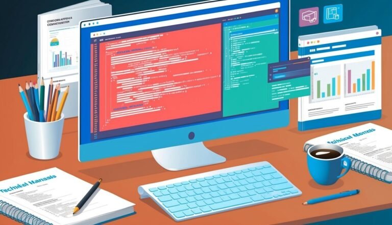 Computer screen displaying code, desk with documents, keyboard, and coffee cup