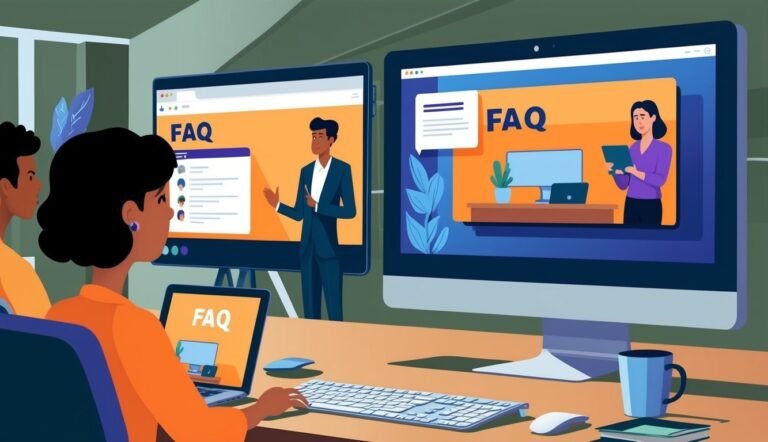 People looking at computer screens with FAQ pages displayed