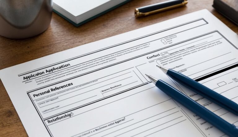 Application form with two pens on a wooden desk