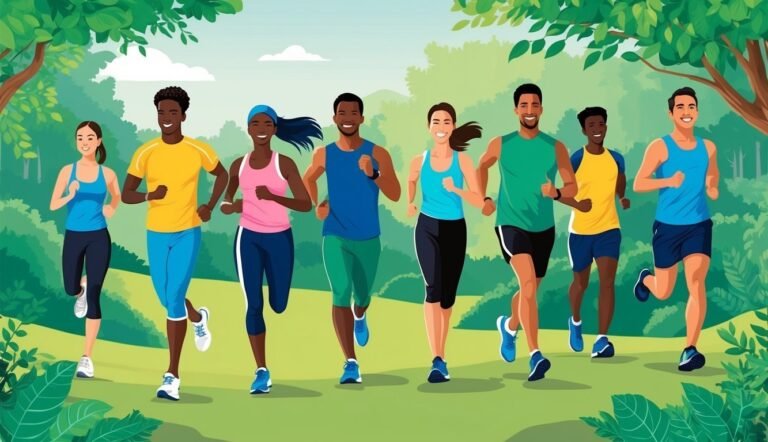 Group of diverse people running together in a park setting