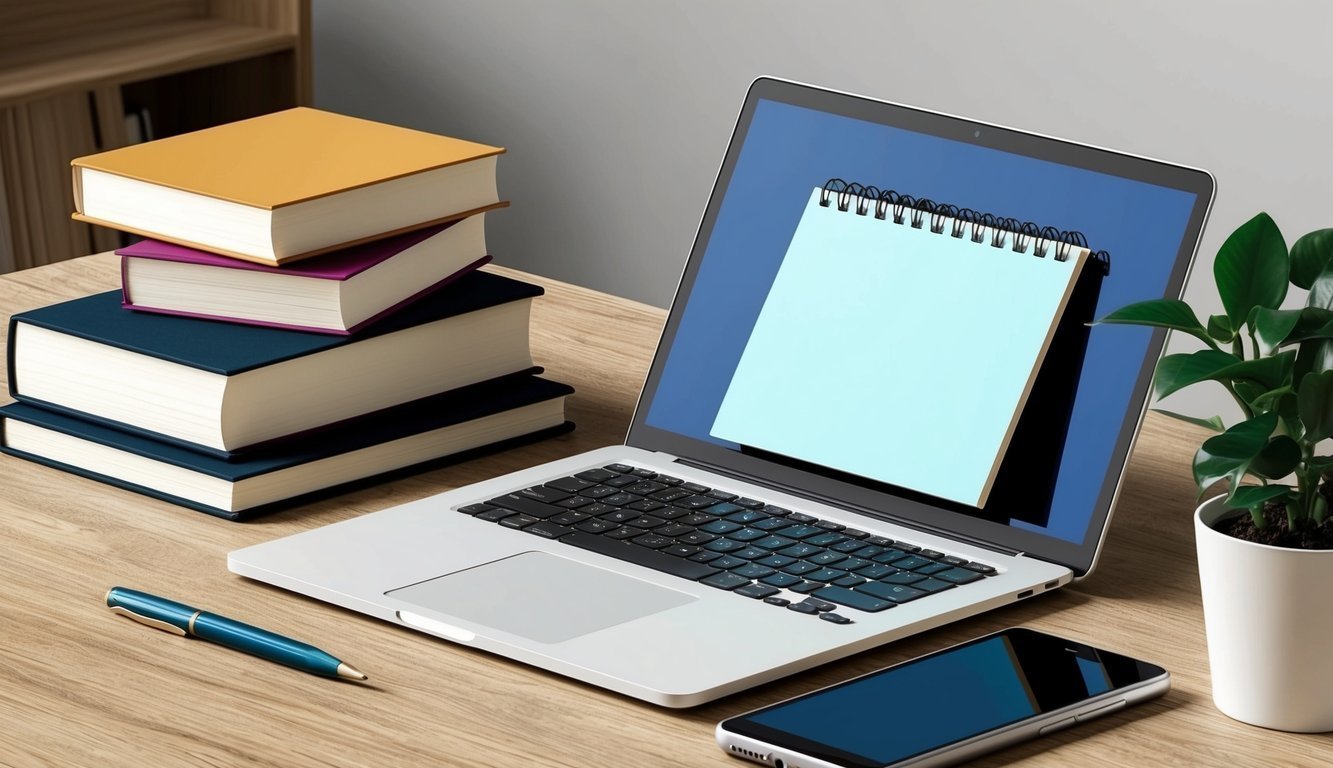 Laptop with notepad on screen, books, pen, phone, and plant on desk
