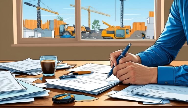 Person writing on papers at a desk, construction site visible outside window