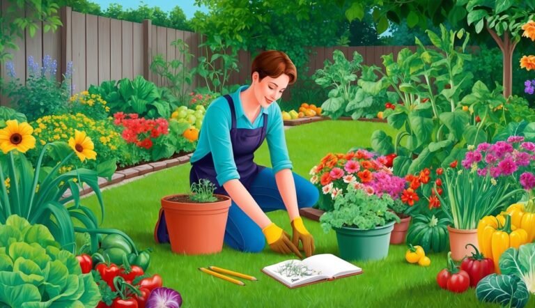 Woman tending a garden with flowers, vegetables, and a notebook