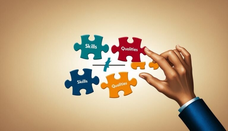 Skills and qualities puzzle pieces with a hand adding a piece
