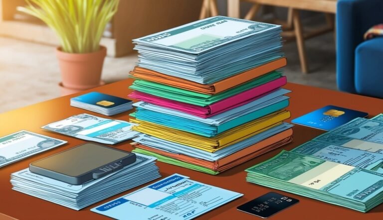Stack of colorful folders, money, credit cards, and documents on a table