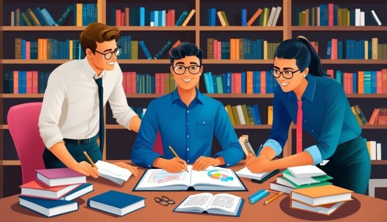 Three people studying together at a table in a library