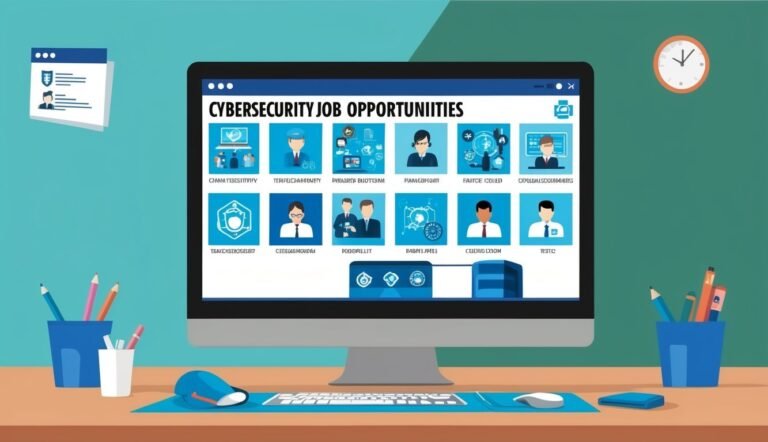 Computer screen displaying cybersecurity job opportunities with icons and text
