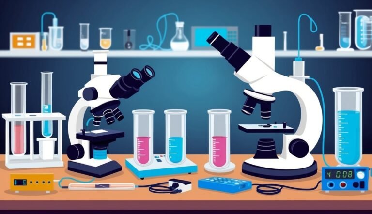 Two microscopes, test tubes, and lab equipment on a table