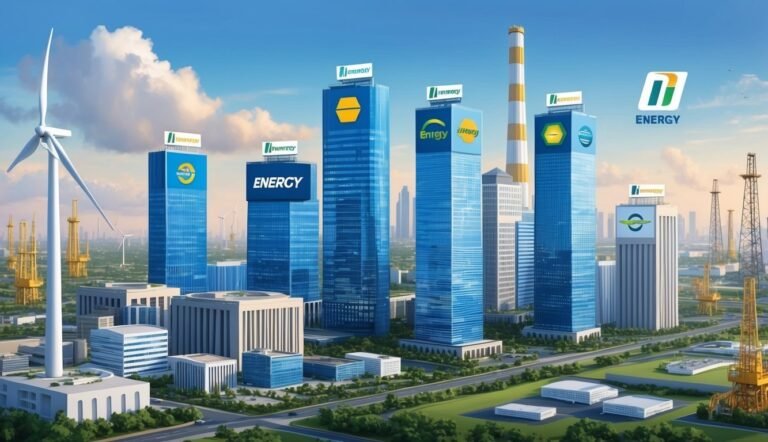 Cityscape with wind turbine, skyscrapers, and energy company logos
