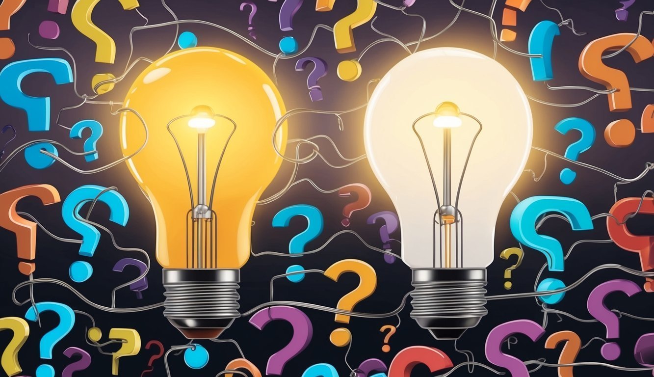 Two glowing light bulbs surrounded by colorful question marks