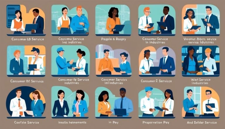 Illustrations of diverse people in business settings, each with a service name