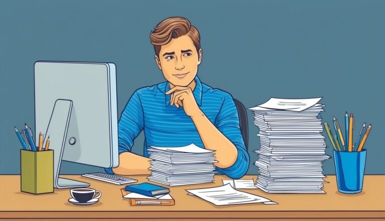 Man at desk with computer, papers, and pencils, looking thoughtful