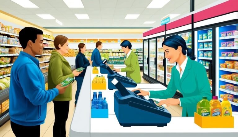 People waiting in line at a grocery store checkout counter