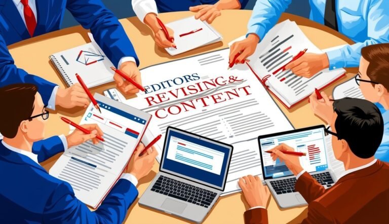 Editors revising content on paper and laptops around a table