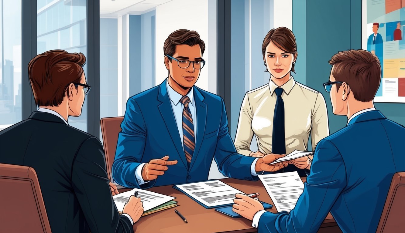 Business meeting with four people around a table, discussing documents