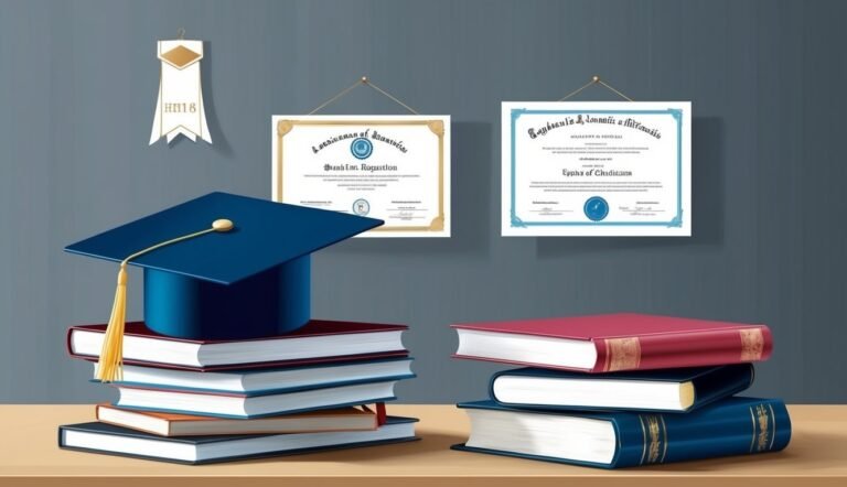 Graduation cap on books with diplomas hanging on the wall