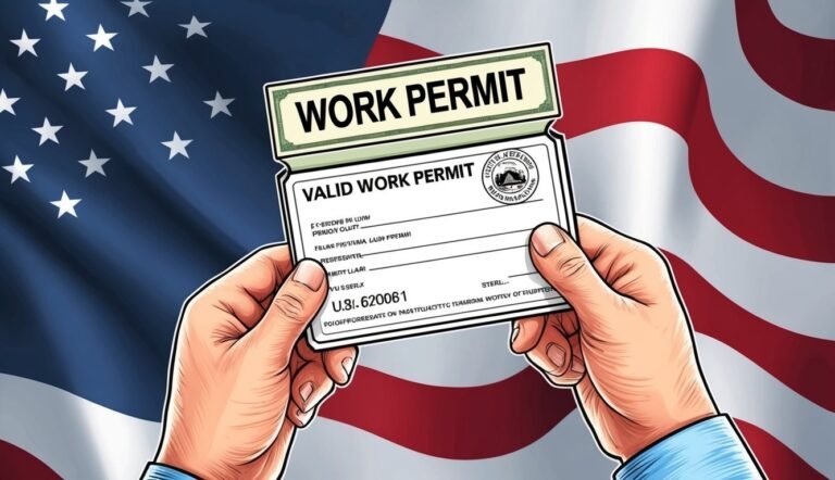 Hands holding a work permit against the backdrop of the American flag