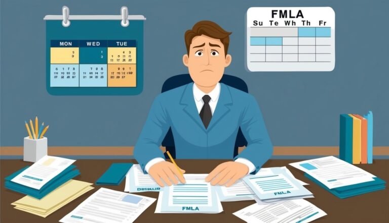 A stressed businessman surrounded by paperwork, calendars, and FMLA forms