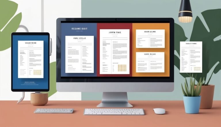 Computer and tablet screens displaying resume templates, with keyboard and mouse