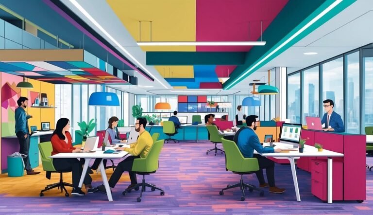 Modern, colorful office space with people working on laptops