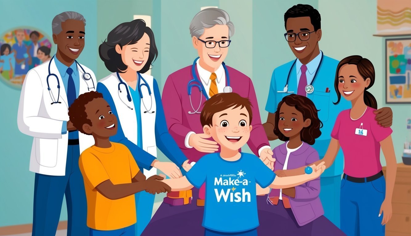 Smiling children and doctors surround a boy wearing a Make-a-Wish t-shirt