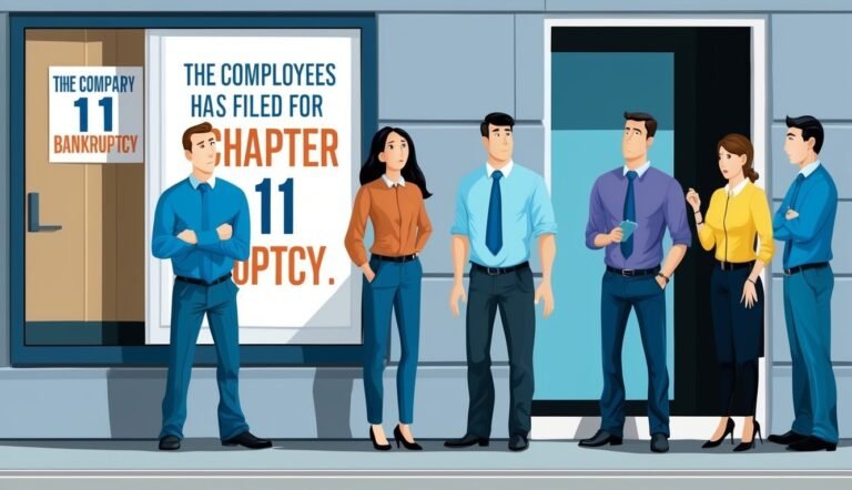 Employees outside a building with signs about Chapter 11 bankruptcy