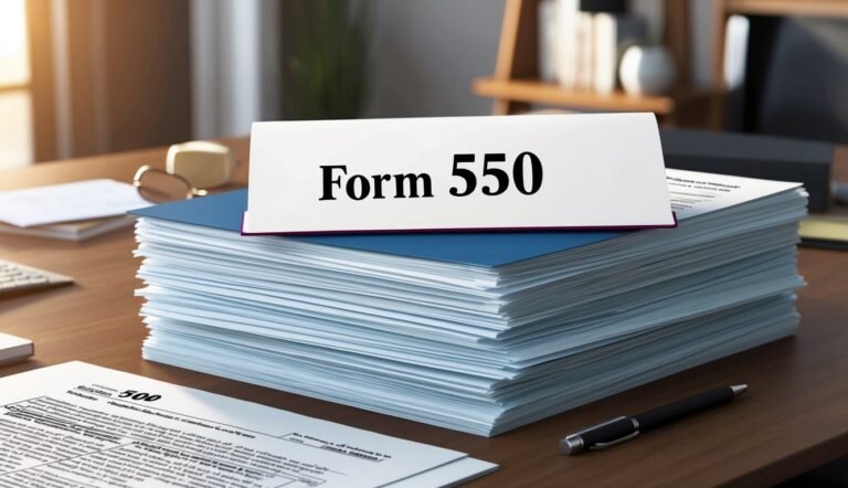 Stack of Form 550 documents on a desk with a pen